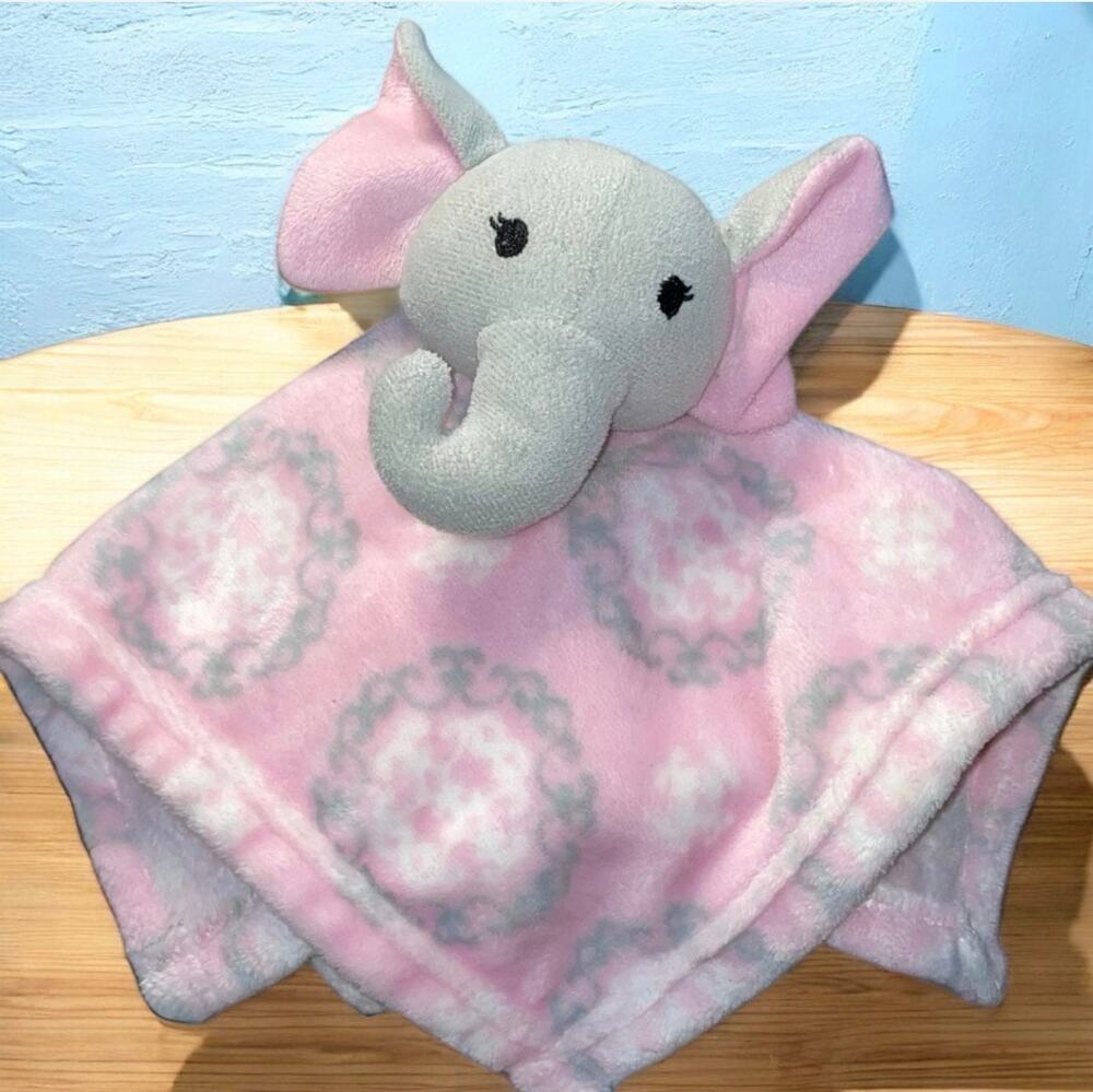 Hudson Baby Elephant Lovey Security Blanket Plush Pink Gray Medallion Damask 14"